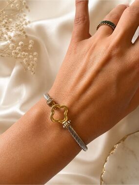 Stainless steel Two Tone Clover Cuff Bracelet- Women jewelry